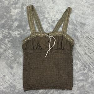 Y2K Free People XS Brown Smocked Cami Lace Trim Top Cottagecore Babydoll Cotton